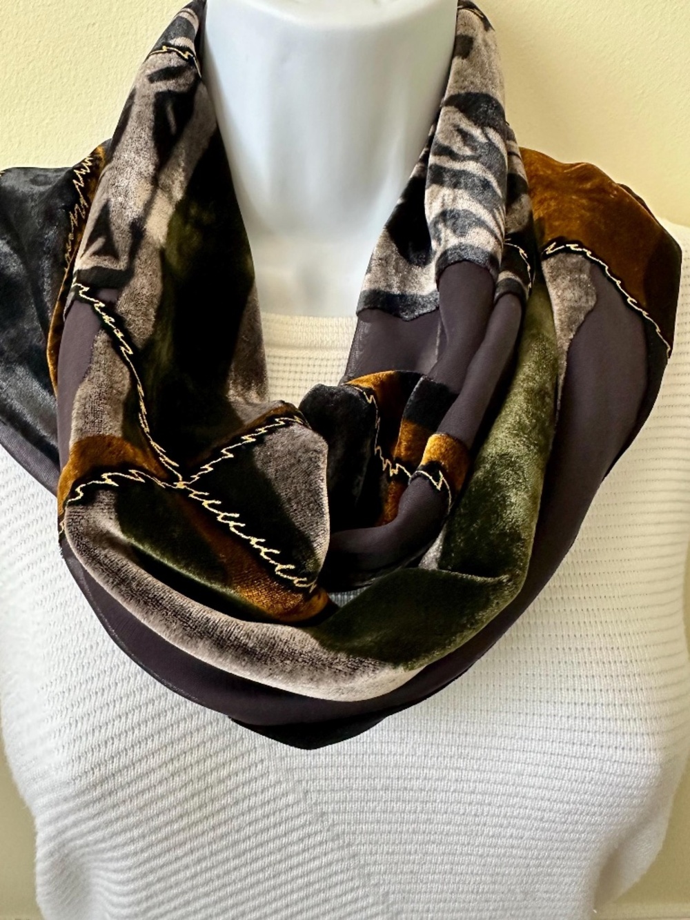 Elegant Italian Burnout Velvet & Silk Scarf - Abstract Patchwork Design